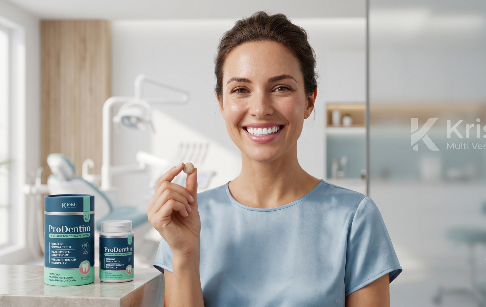 Home A smiling woman holding a ProDentim probiotic soft candy in a dental clinic, alongside the official ProDentim cylindrical packaging designed to support oral microbiome and rebuild gums naturally.