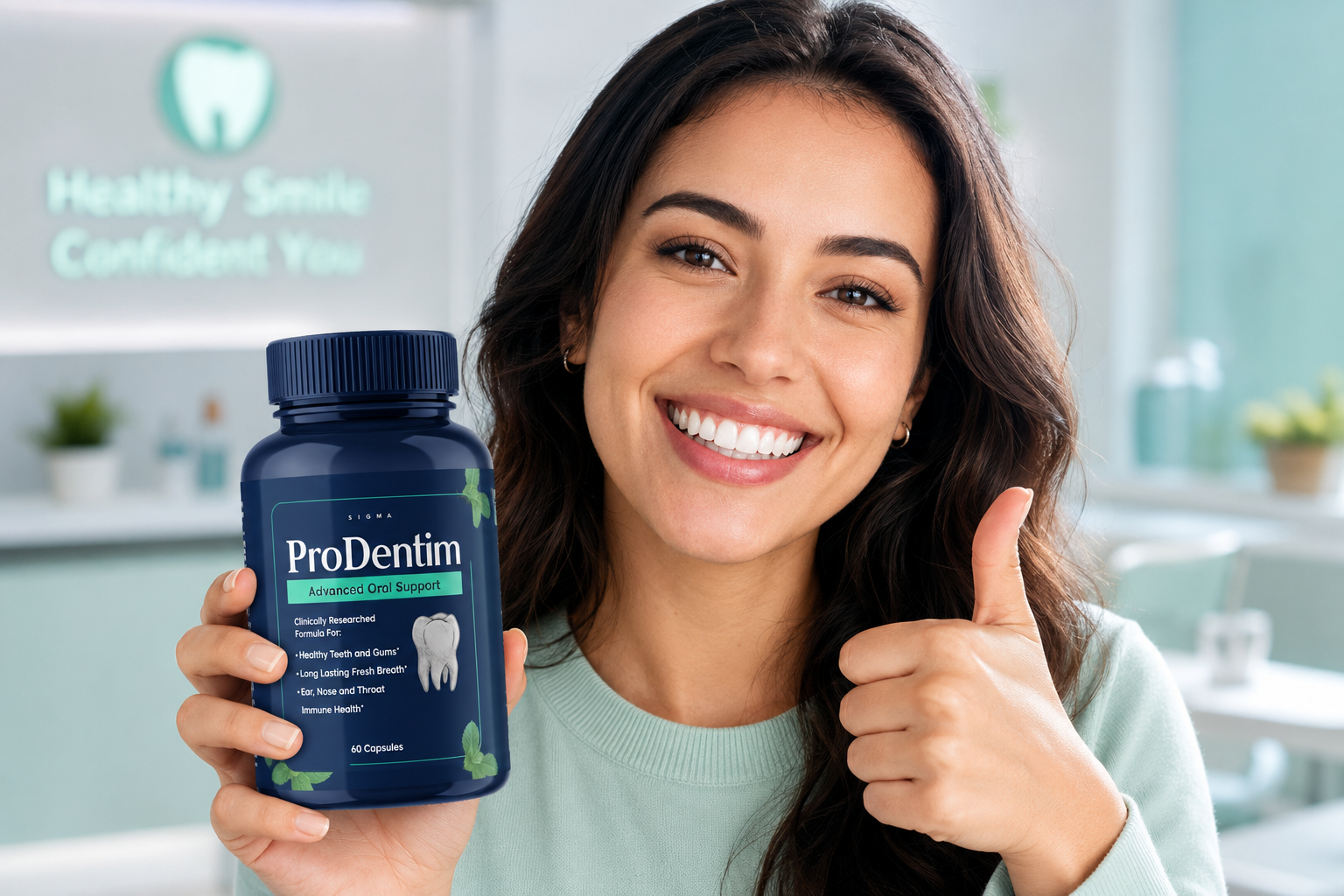 A beautiful smiling woman holding the ProDentim probiotic candy, presenting the ultimate 60-second dental solution for restoring oral microbiome and healthy gums.